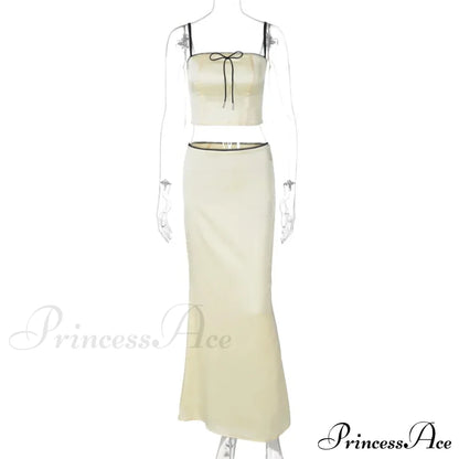 Satin Bow Cami Crop Graceful Top And Maxi Skirt Set