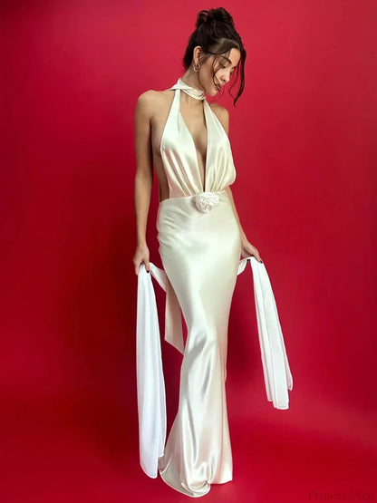 Satin Deep V Neck Vacation Dress
