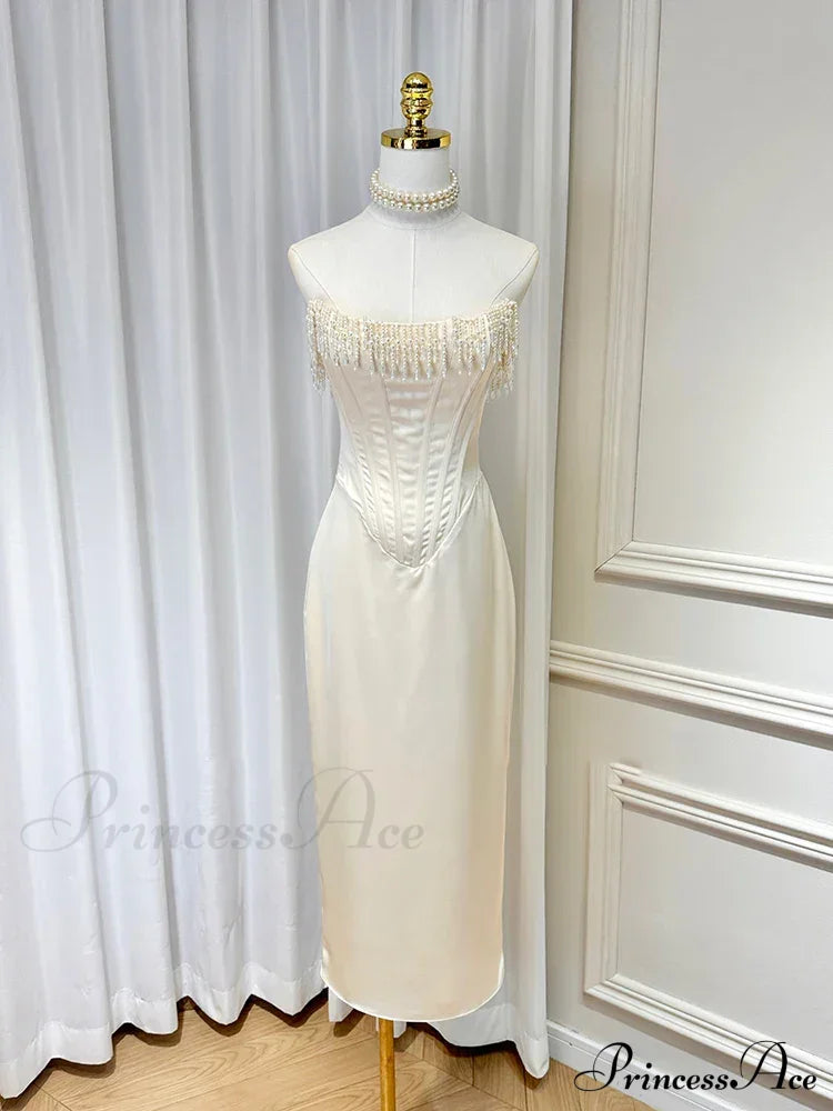 Satin Pearl Tassel Charming Corset Tube Midi Dress
