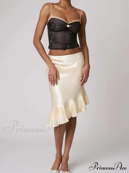Satin Pleated Stylish Trim Midi Skirt