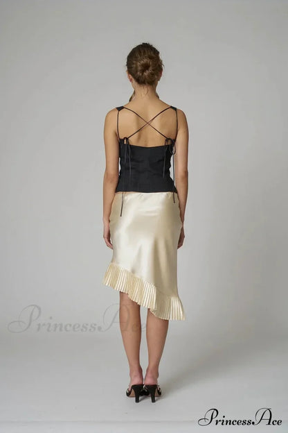 Satin Pleated Stylish Trim Midi Skirt