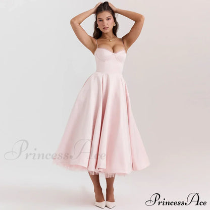 Satin Tulle Flare Charming Strap Cupped Midi Dress