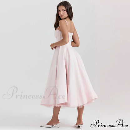 Satin Tulle Flare Charming Strap Cupped Midi Dress