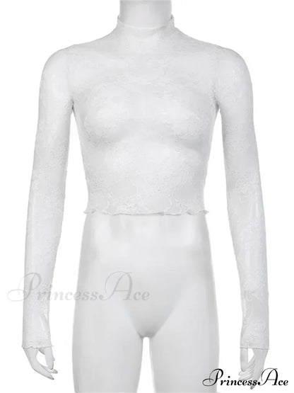 See Through Crop Top Long Sleeve High Neck Lace Floral Slim Fit T-shirts