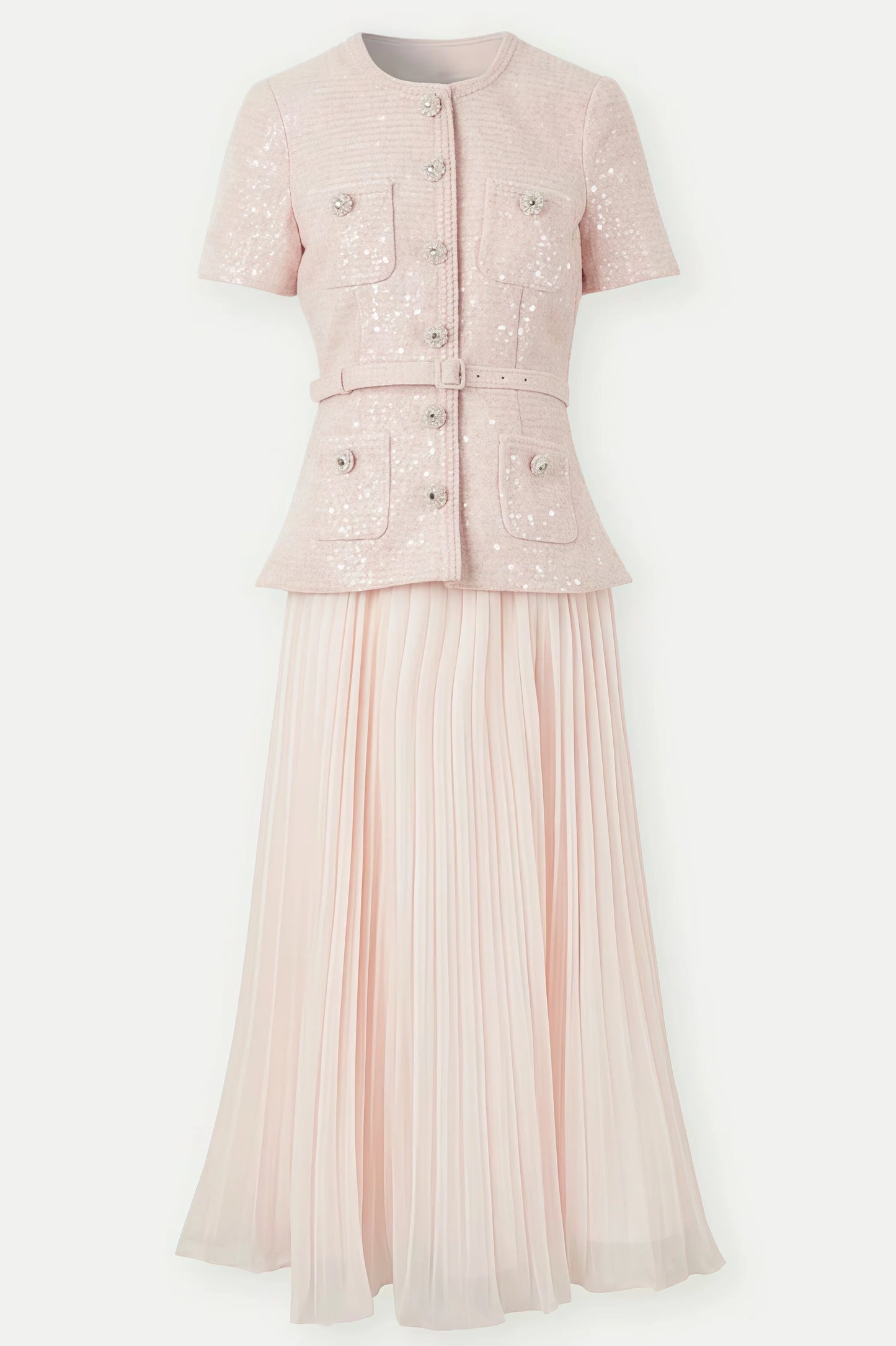 Andrea Pink Boucle Belted Midi Dress Set