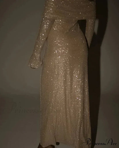 Sequin Long Sleeve Charming Off-Shoulder Maxi Dress