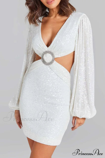 Sequins V Neck Mini Dress with Cutout