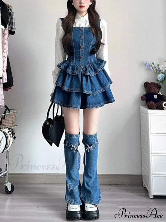 Set Y2k Vintage Sleeveless Korean Camisole Women Jean Autumn Piece Mini 3 Gown Slim Denim Fashion Clothing Gown 2024