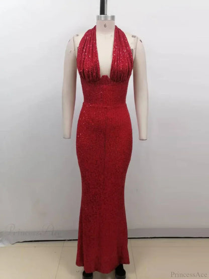 Sexy Halter Deep V Neck Sequins Green Sleeveless Backless Celebrity Party Dress