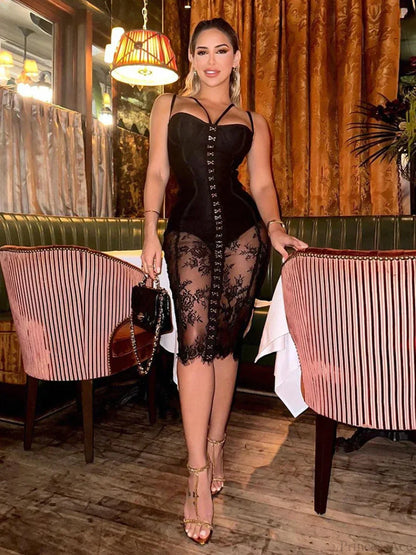 Sexy Lace Two-Piece Black Sleeveless Hook-Front See Through Evening Party Dress