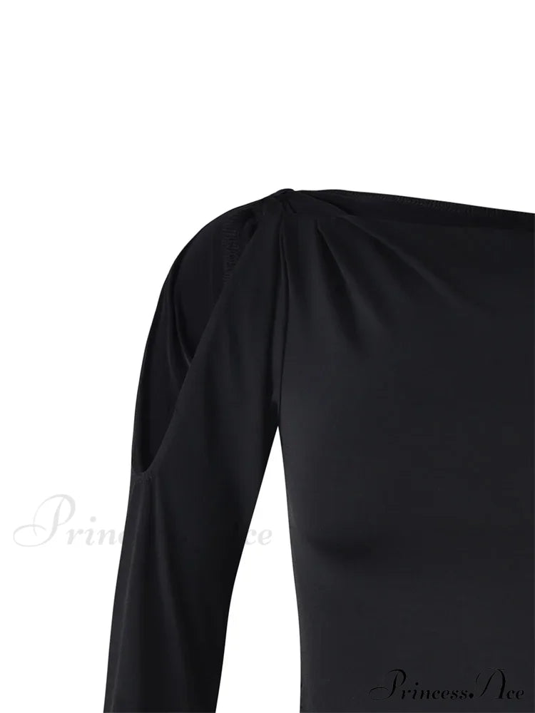 Sexy Off Shoulder Long Sleeve Neck Solid Color Slim Fit T-shirts