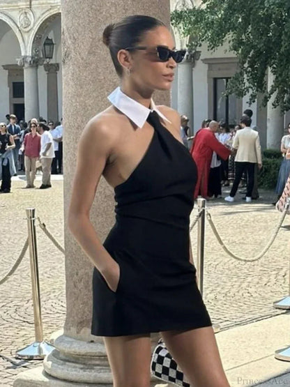 Sexy Patchwork Sleeveless Bandage Dress Black Backless Bodycon Mini Party Dress