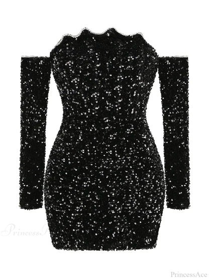 Sexy Slash Neck Long Sleeve Sparkling Sequins Dress Off Shoulder Party Dress