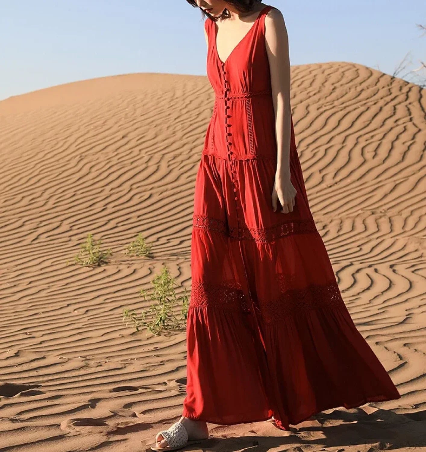 Sexy Sleeveless Deep V-neck Tank Maxi Dress Cotton Long Summer Dress
