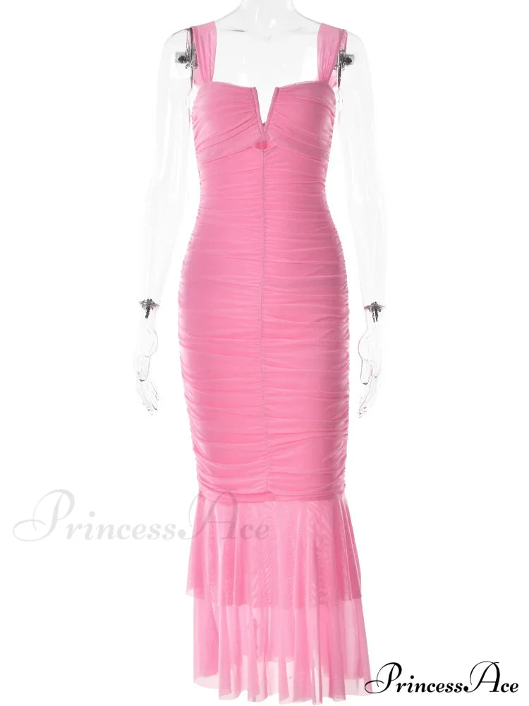 Sexy Sleeveless Strap Evening for Women Low Cut Ruched Bodycon Elegant Mermaid Party Vestidos