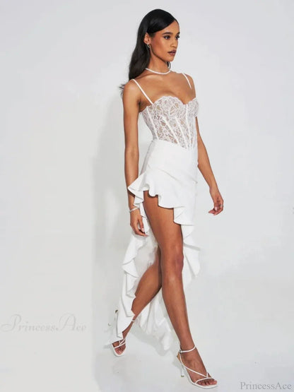 Sexy Spaghetti Strap Lace Patchwork Long Dress Sleeveless Ruffles Party Dress