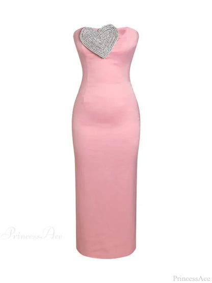 Sexy Strapless Heart Crystal Design Long Pink Sleeveless Diamonds Elegant Party Dress