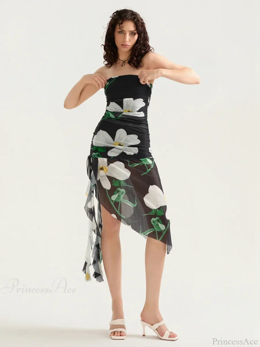 Sexy Strapless Ruffle Tassel Mini Floral Dress