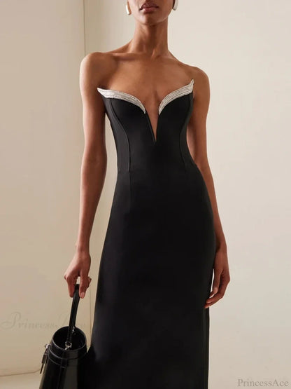 Sexy Strapless V Neck Diamonds Bandage Black Sleeveless Party Dress