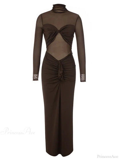 Sexy Turtleneck Mesh Patchwork Folds Brown Long Sleeve Draped Party Dress