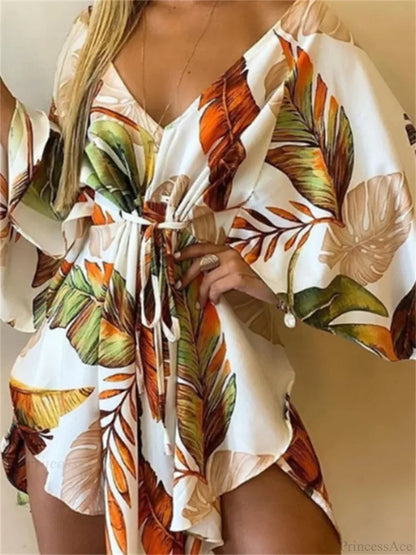 Sexy V-neck Bat Sleeve Bohemian Floral Beach Sundress