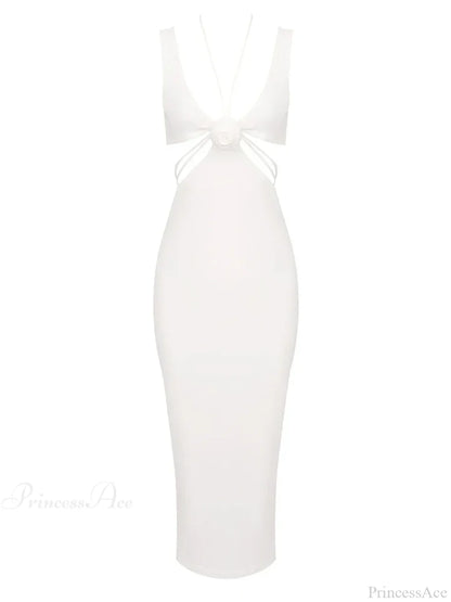 Sexy V Neck Flower Hollow Out Design Midi Dress Halter Party Dress