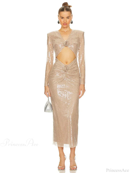 Sexy V Neck Sequins Cutout 3D Flower Dress Long Sleeves Party Dress