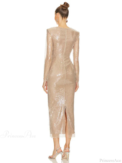 Sexy V Neck Sequins Cutout 3D Flower Dress Long Sleeves Party Dress