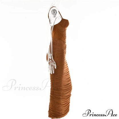 Sexy Warm-Season Strap Elegant Spaghetti Evening Woman Mesh Stretchy Party Gown Ruched Bodycon Long Full-Length Dress