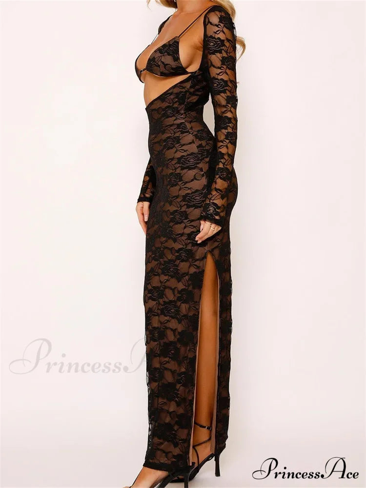 Sexy Women Lace Sleeve Low Cut Deep V-neck Party Club with Bra Summer High Split Vestidos