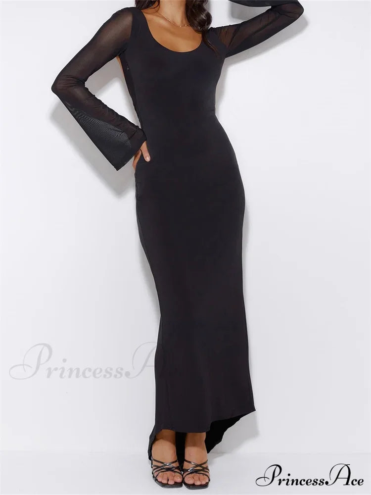Sexy Women Mesh Sleeve Backless Ruched Lace-up Solid Color Party Female Irregular Hem Vestidos