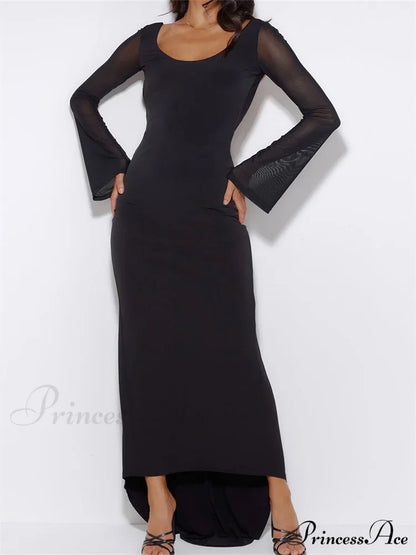 Sexy Women Mesh Sleeve Backless Ruched Lace-up Solid Color Party Female Irregular Hem Vestidos