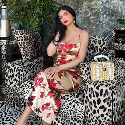 Sexy Y2K Floral Print Backless Bodycon Midi Dress
