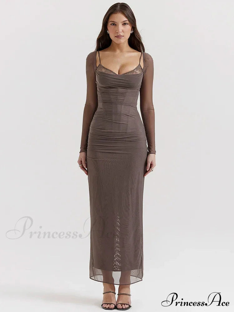 Sheer Long Sleeve Charming Bodycon Maxi Dress