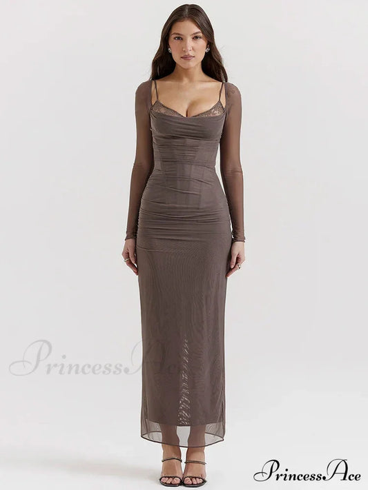 Sheer Long Sleeve Charming Bodycon Maxi Dress