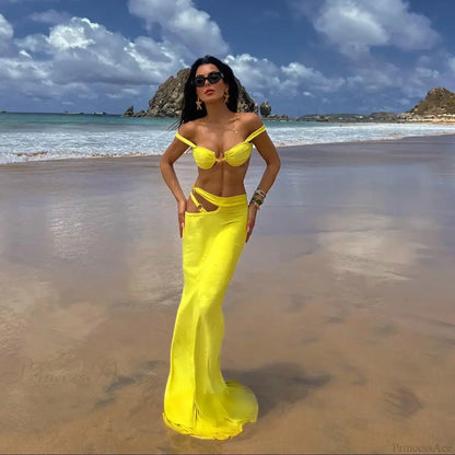Shiny Bandeau Bikini with Cover Up Three Piece Swimsuit