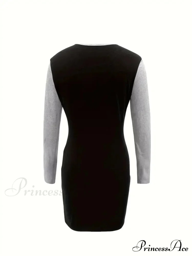 Simple Crew Neck Long Sleeve Dress with Color Block Design