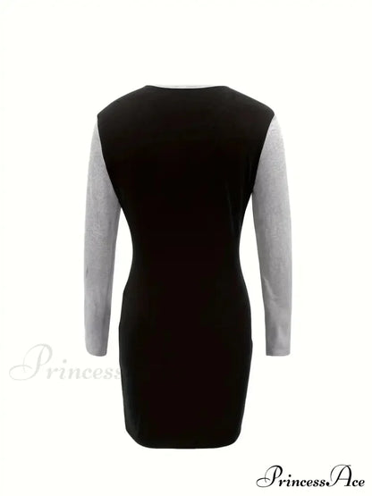 Simple Crew Neck Long Sleeve Dress with Color Block Design