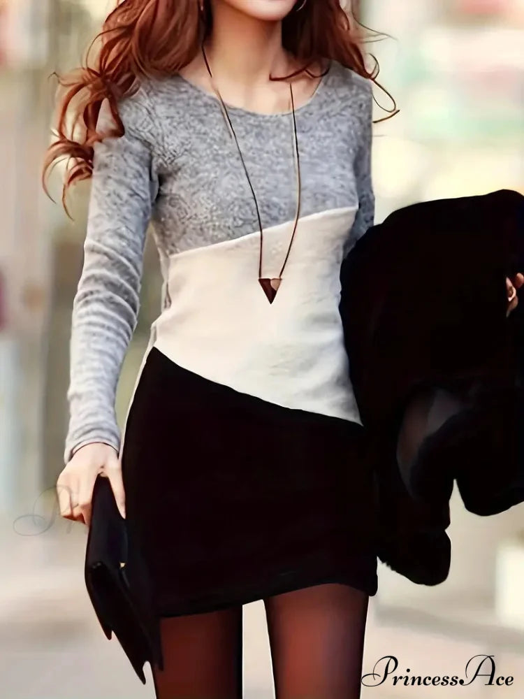 Simple Crew Neck Long Sleeve Dress with Color Block Design