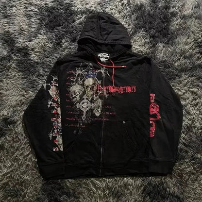 Skull Print Zipper Casual Hoodie