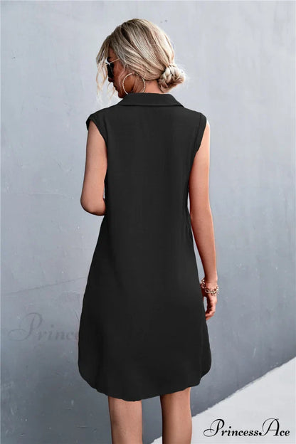 Sleeveless Black Half Button Dress