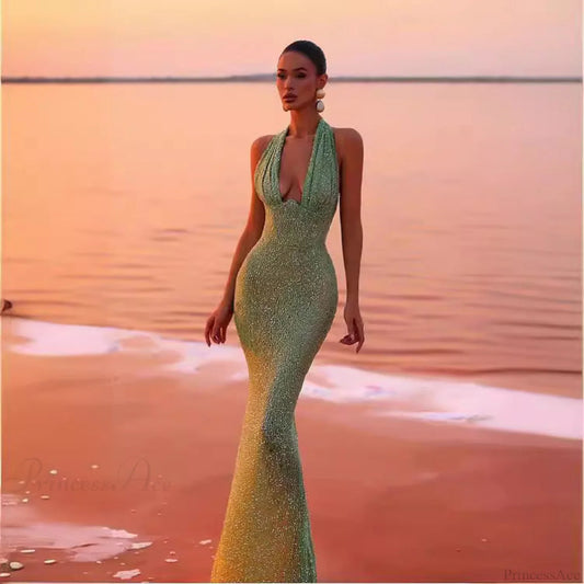 Sleeveless Halter Deep V Sequin Prom Dress