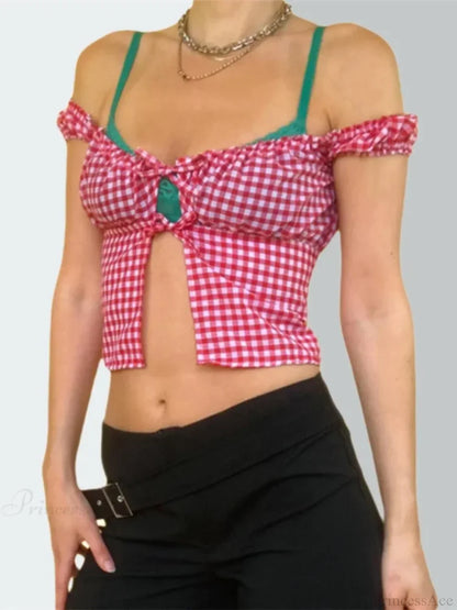 Sleeveless Plaid Square Neck Tie-up Blouse