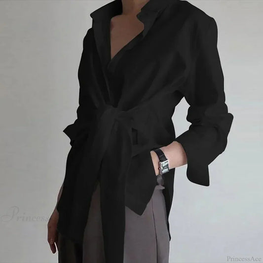 Slim Button Ruched Lace-Up Blouse