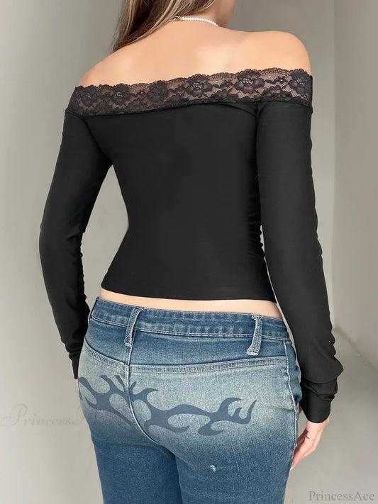 Solid Bow Patchwork Lace Slash Neck Long Sleeve Knit Top