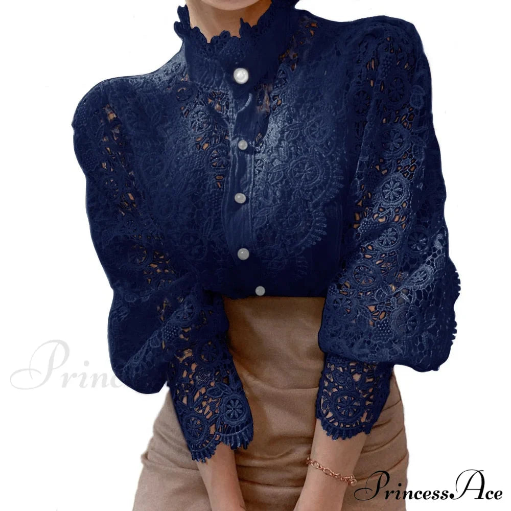 Solid Button Stand Collar Plus Size Blouse
