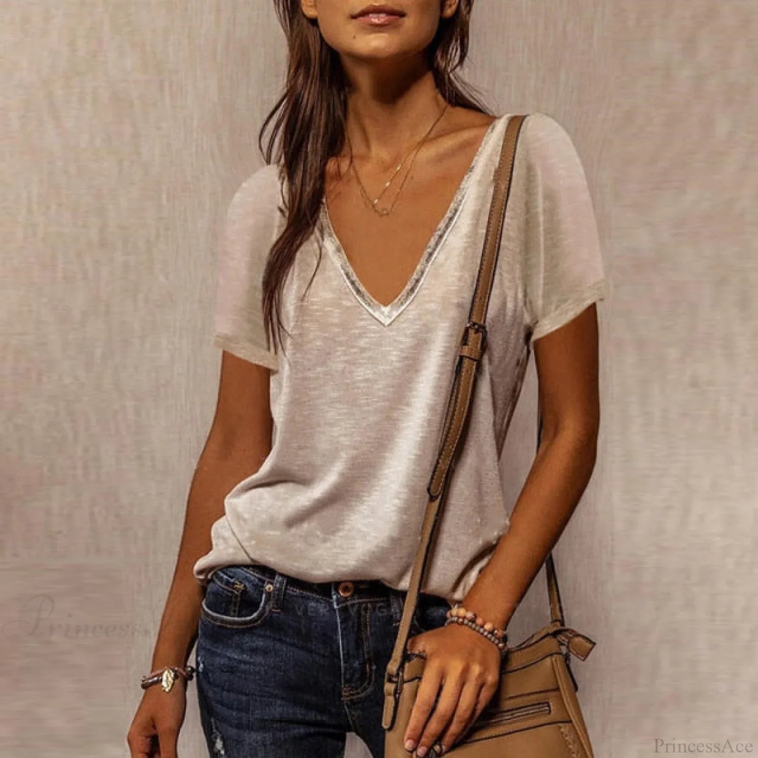 Solid Color Cotton V-Neck Loose T-shirt