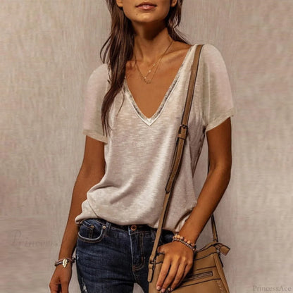 Solid Color Cotton V-Neck Loose T-shirt