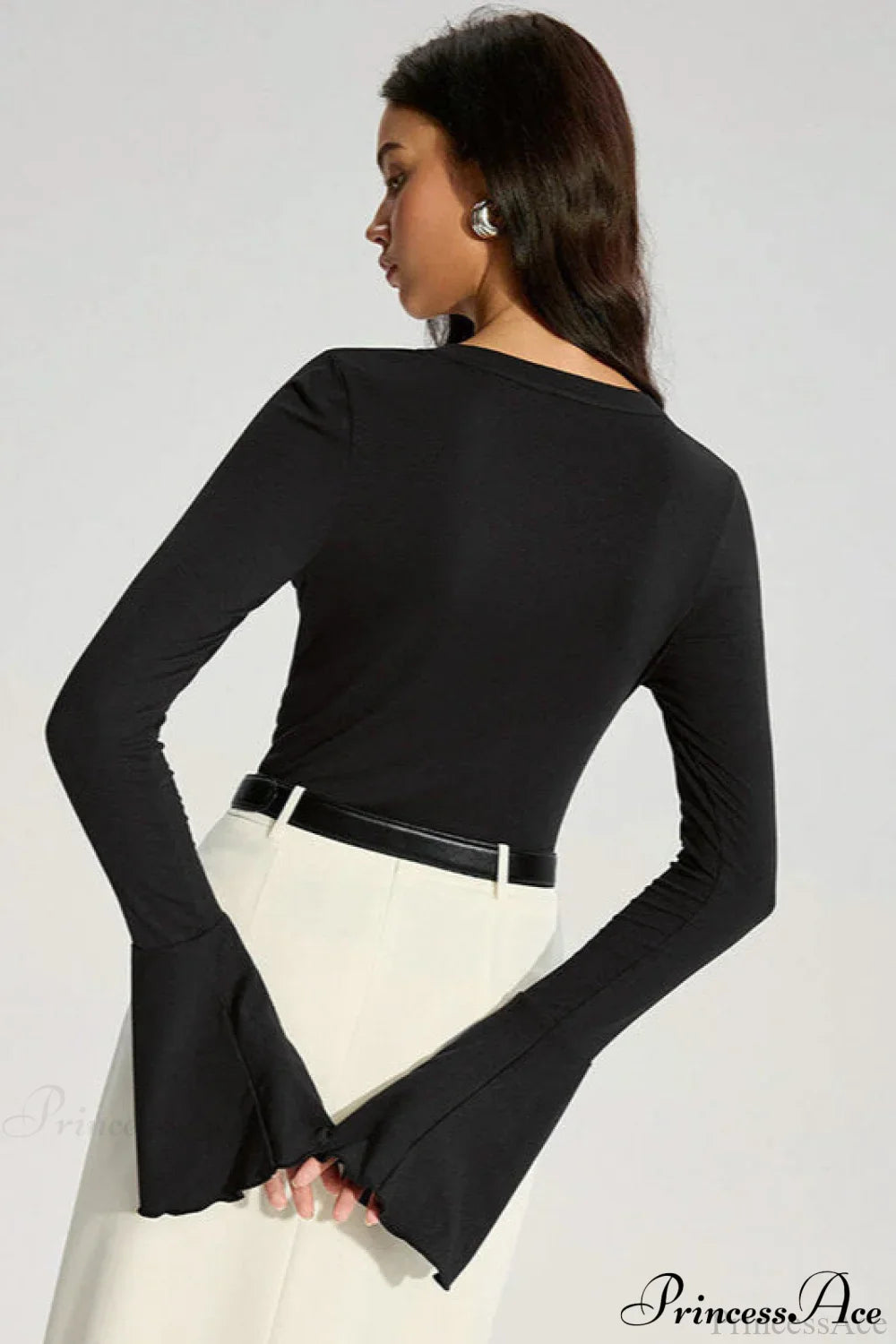 Solid Color Panel Flared Sleeve Ruffled Blouse