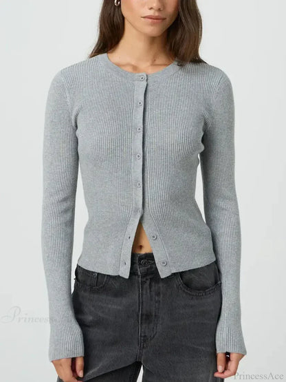 Solid Color Ribbed Long Sleeve Knit Cardigan
